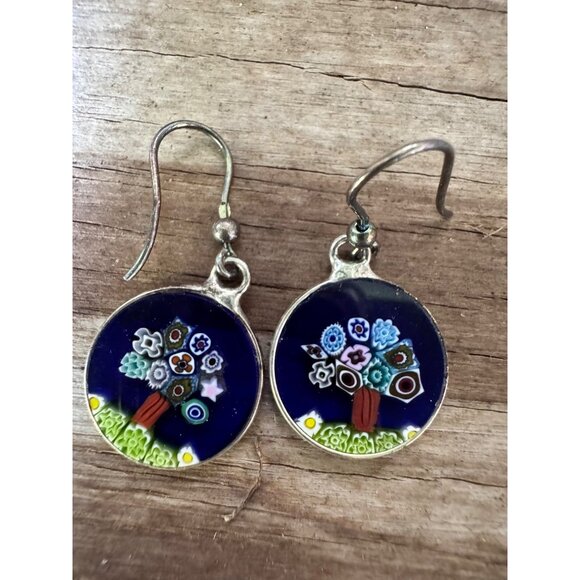Handcrafted Millefiori Glass Tree Of Life Drop Earrings - Picture 1 of 5
